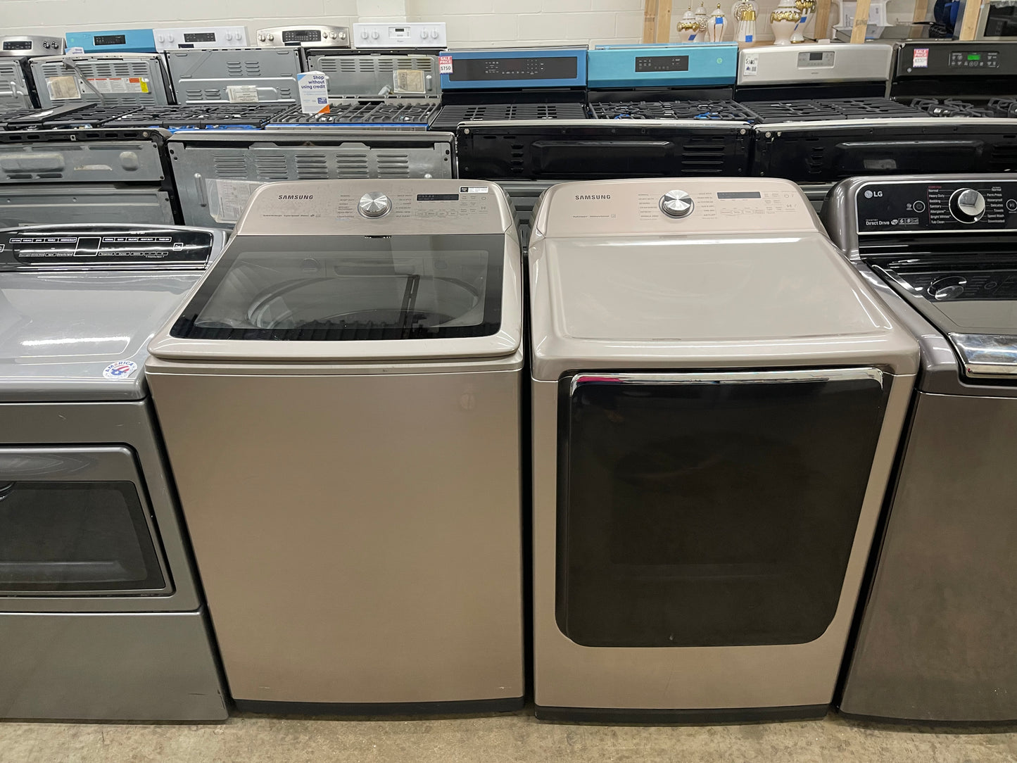 5.4 cu. ft. Top Load Washer with Super Speed in Champagne Model: WA54R7600AC/US and Samsung - 7.4 Cu. Ft. Smart Electric Dryer with Steam and Super Speed Dry - Champagne Model: DVE54R7600C/A3