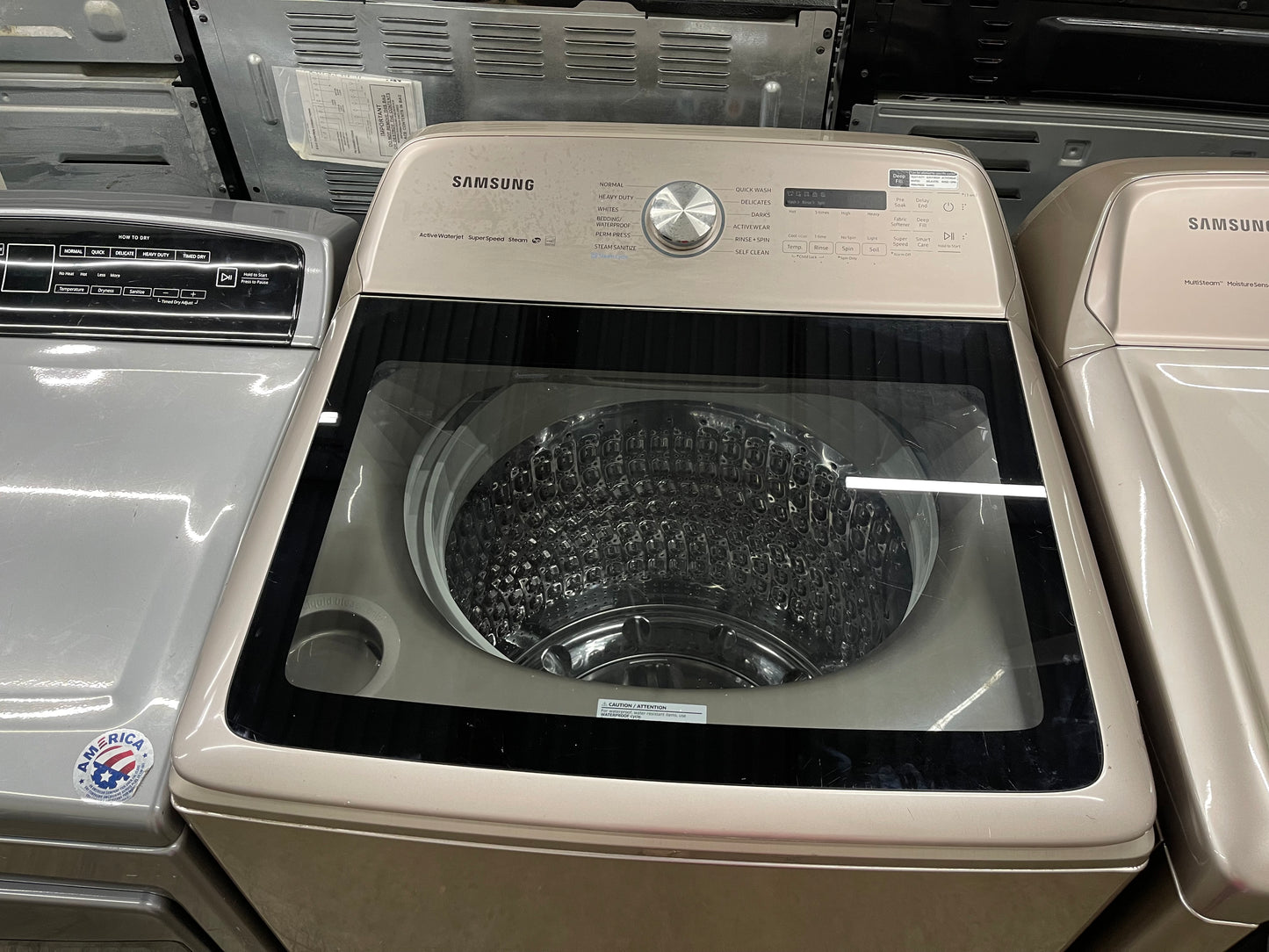 5.4 cu. ft. Top Load Washer with Super Speed in Champagne Model: WA54R7600AC/US and Samsung - 7.4 Cu. Ft. Smart Electric Dryer with Steam and Super Speed Dry - Champagne Model: DVE54R7600C/A3