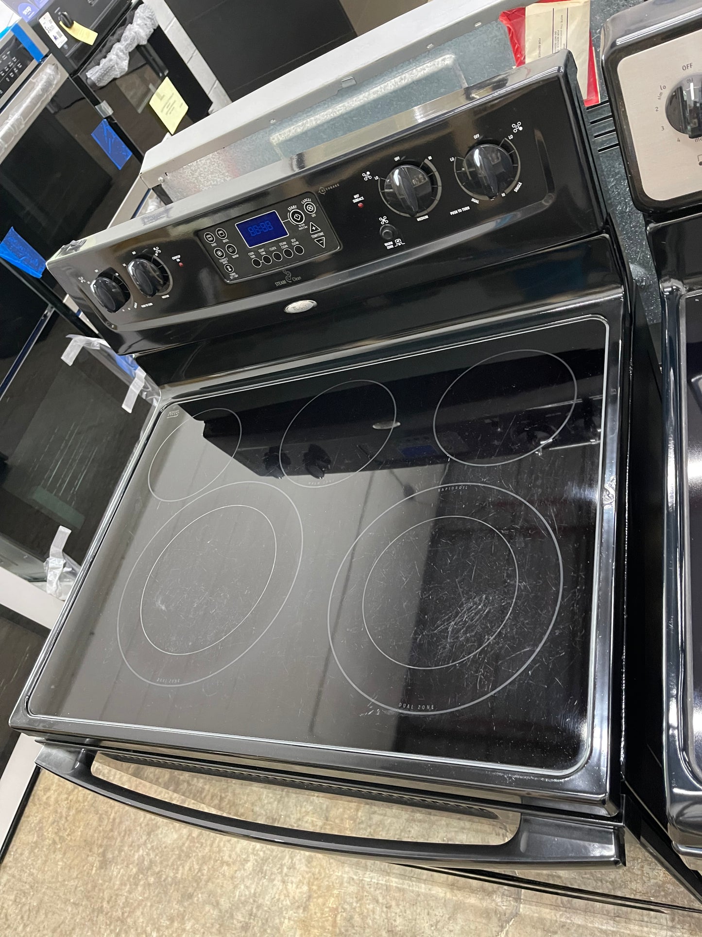 Whirlpool WFE381LVB
30 Inch Freestanding Electric Range with 4 Radiant Burners, Ceramic Glass Cooktop, 5.3 cu. ft. Capacity Oven, Rapid Boil Element, TimeSavor Convection Cooking and Storage Drawer: Black