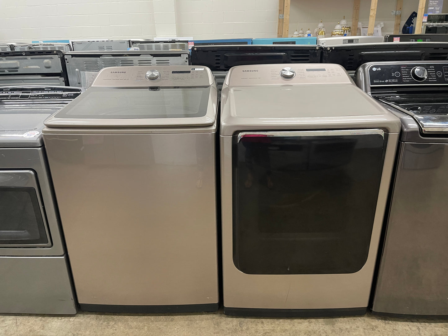 5.4 cu. ft. Top Load Washer with Super Speed in Champagne Model: WA54R7600AC/US and Samsung - 7.4 Cu. Ft. Smart Electric Dryer with Steam and Super Speed Dry - Champagne Model: DVE54R7600C/A3