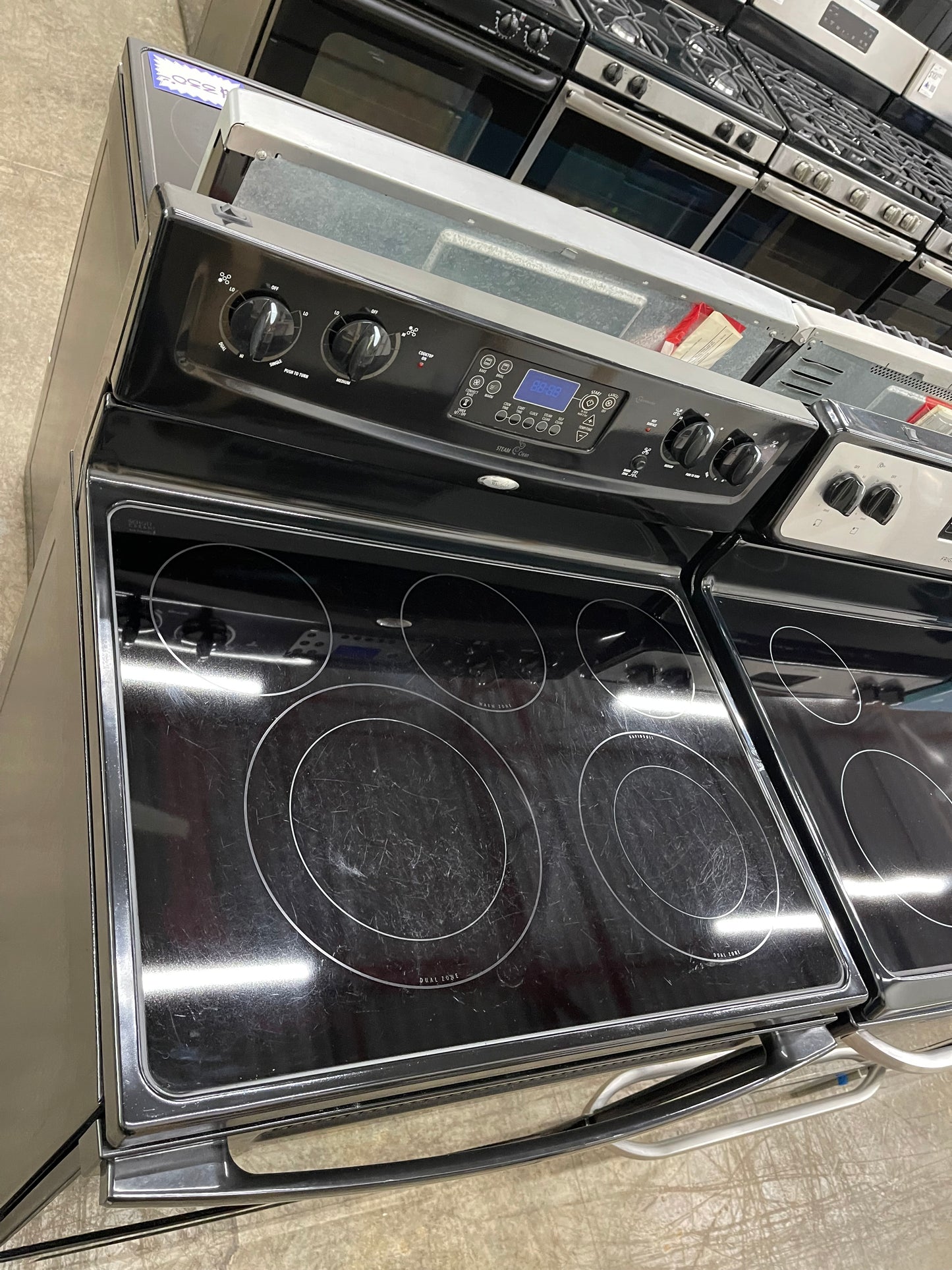 Whirlpool WFE381LVB
30 Inch Freestanding Electric Range with 4 Radiant Burners, Ceramic Glass Cooktop, 5.3 cu. ft. Capacity Oven, Rapid Boil Element, TimeSavor Convection Cooking and Storage Drawer: Black
