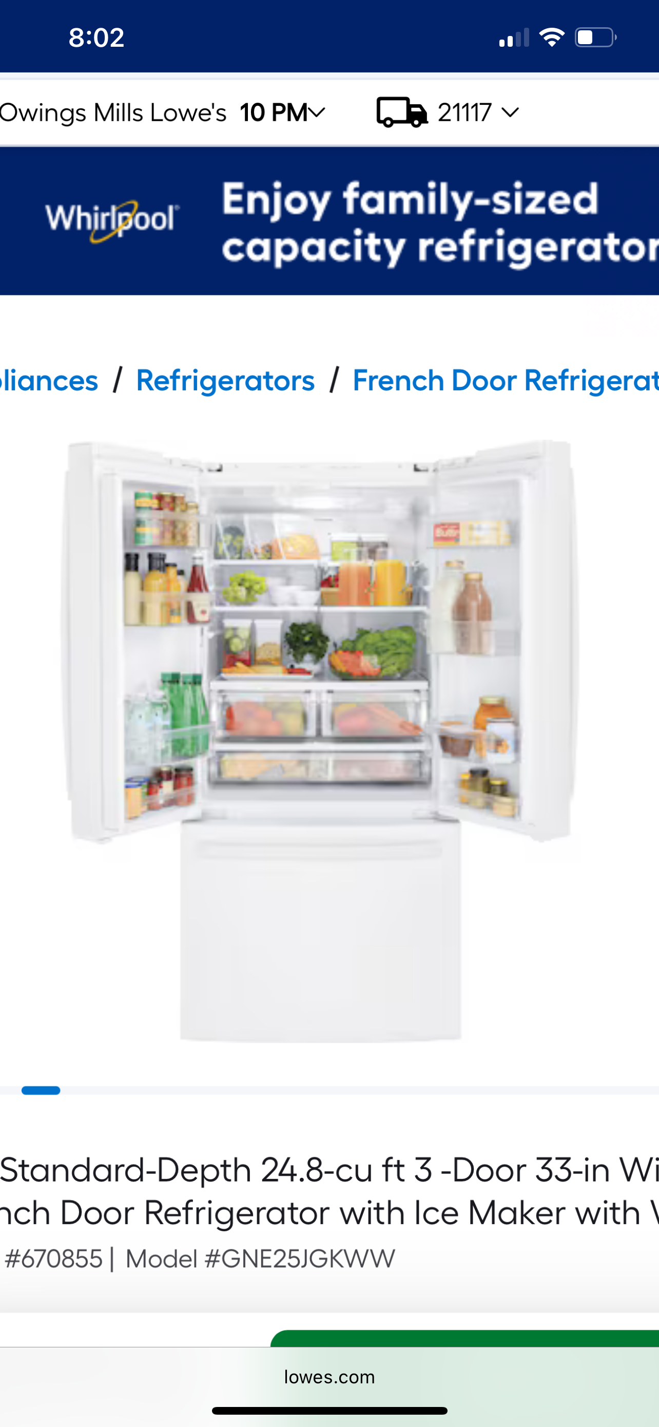 GE GNE25JGKWW
33 Inch French Door Refrigerator with 24.7 Cu. Ft. Capacity, Quick Space Shelf, Turbo Cool, LED Lighting, Icemaker, Enhanced Shabbos Mode Capable, Internal Water Dispenser, Water Filtration, and ENERGY STAR Qualified: White