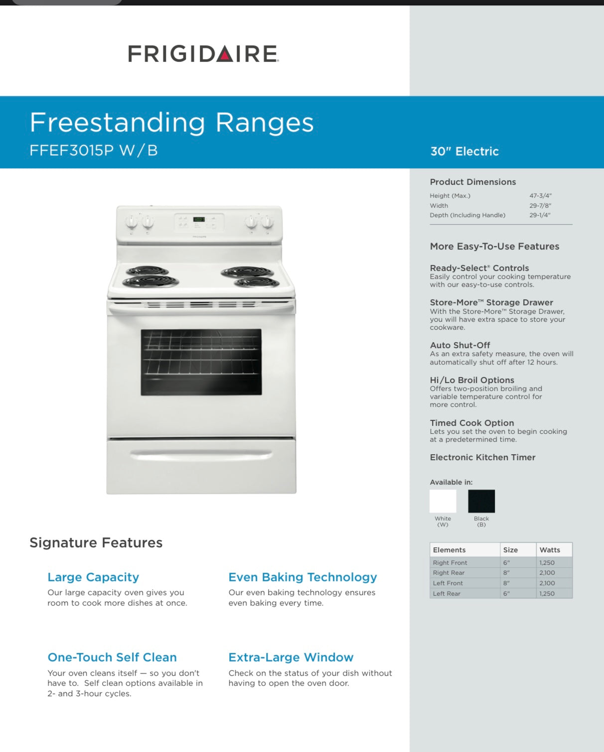 Frigidaire 30" Freestanding Electric Range
FFEF3015P