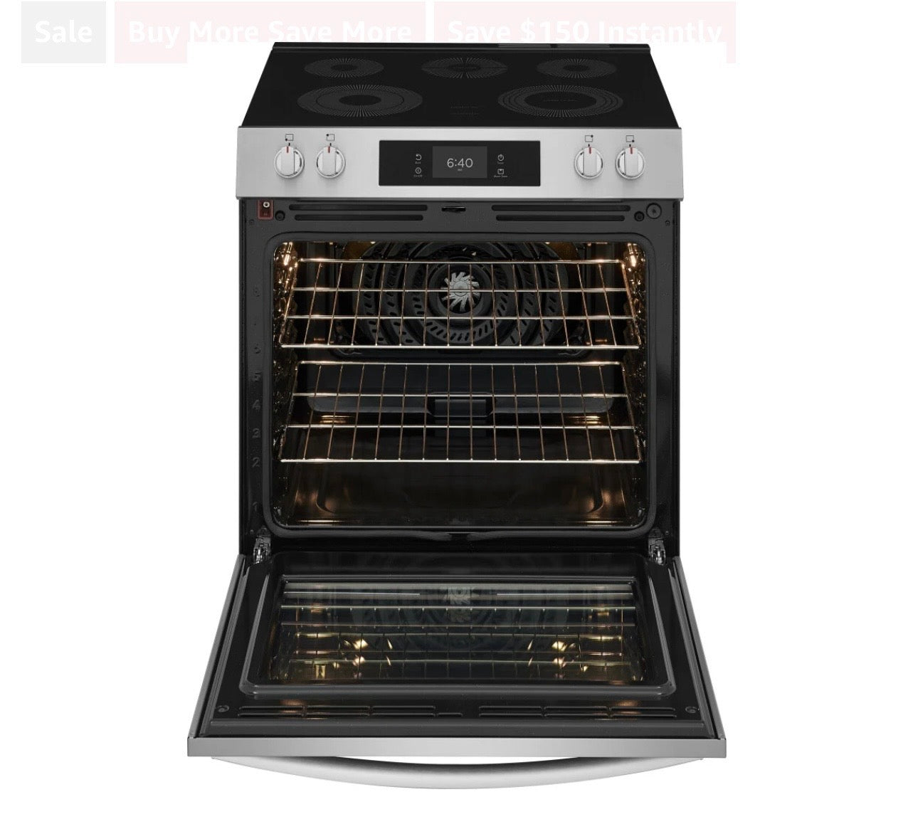 Frigidaire Gallery Series GCFE3070BF
30 Inch Freestanding Electric Range with 5 Elements, 6.2 cu. ft. Total Convection Oven, EvenTemp™ Element, Storage Drawer, Stone-Baked Pizza, Air Fry, Self & Steam Clean, and Star-K