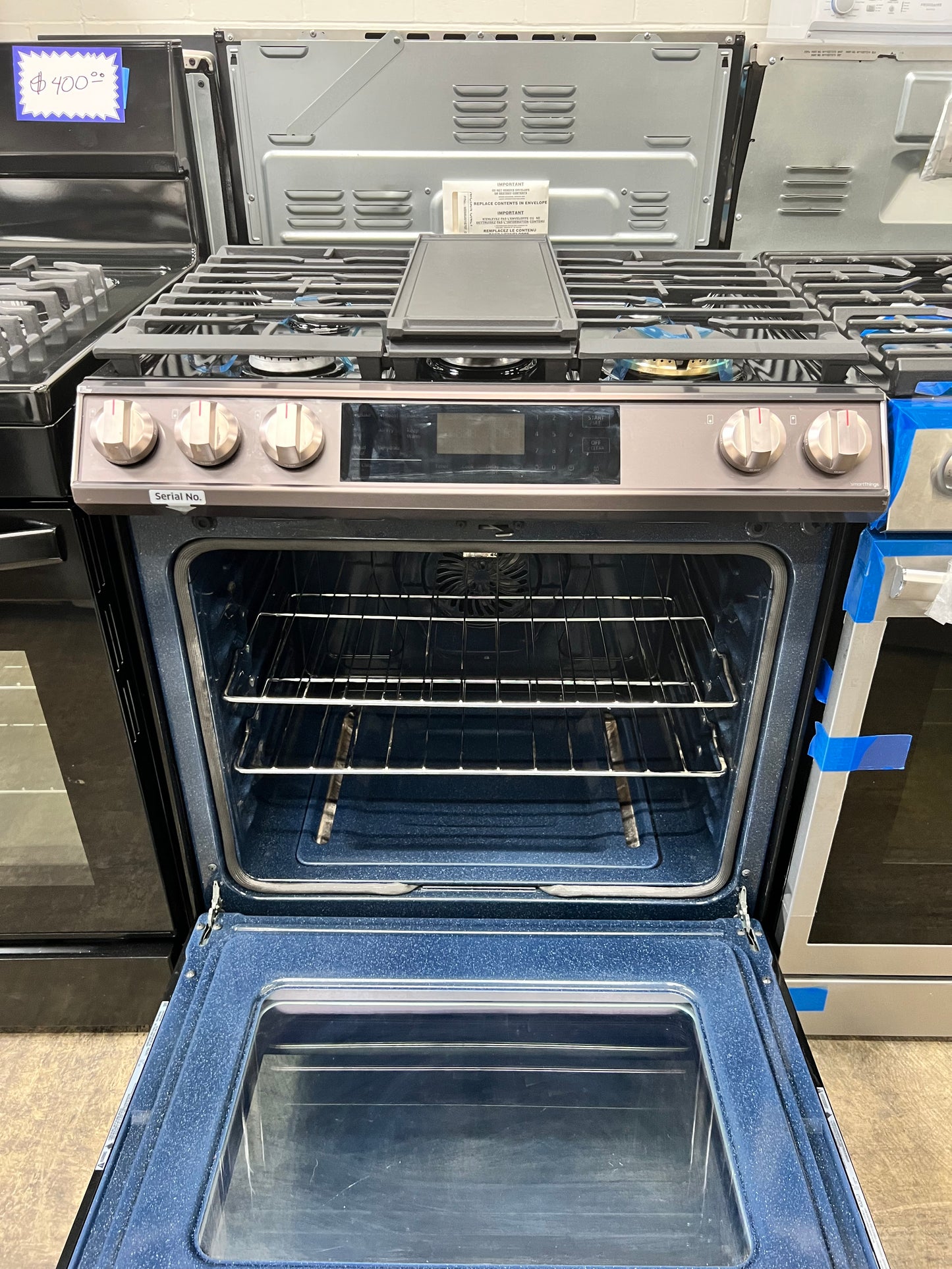 Samsung 30-in 5 Burners 6-cu ft Self-cleaning Air Fry Convection Oven Slide-in Smart Gas Range in Tuscan Stainless Steel-Model #NX60T8511ST