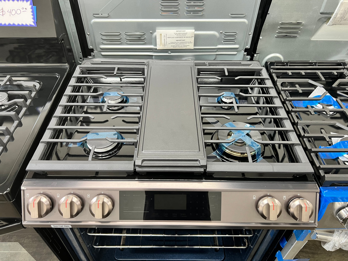 Samsung 30-in 5 Burners 6-cu ft Self-cleaning Air Fry Convection Oven Slide-in Smart Gas Range in Tuscan Stainless Steel-Model #NX60T8511ST