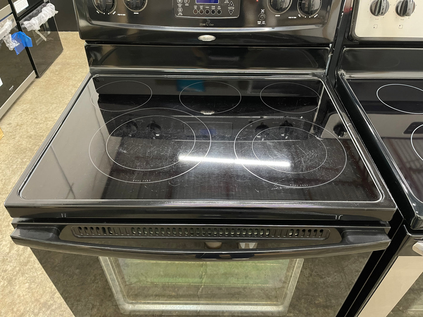 Whirlpool WFE381LVB
30 Inch Freestanding Electric Range with 4 Radiant Burners, Ceramic Glass Cooktop, 5.3 cu. ft. Capacity Oven, Rapid Boil Element, TimeSavor Convection Cooking and Storage Drawer: Black