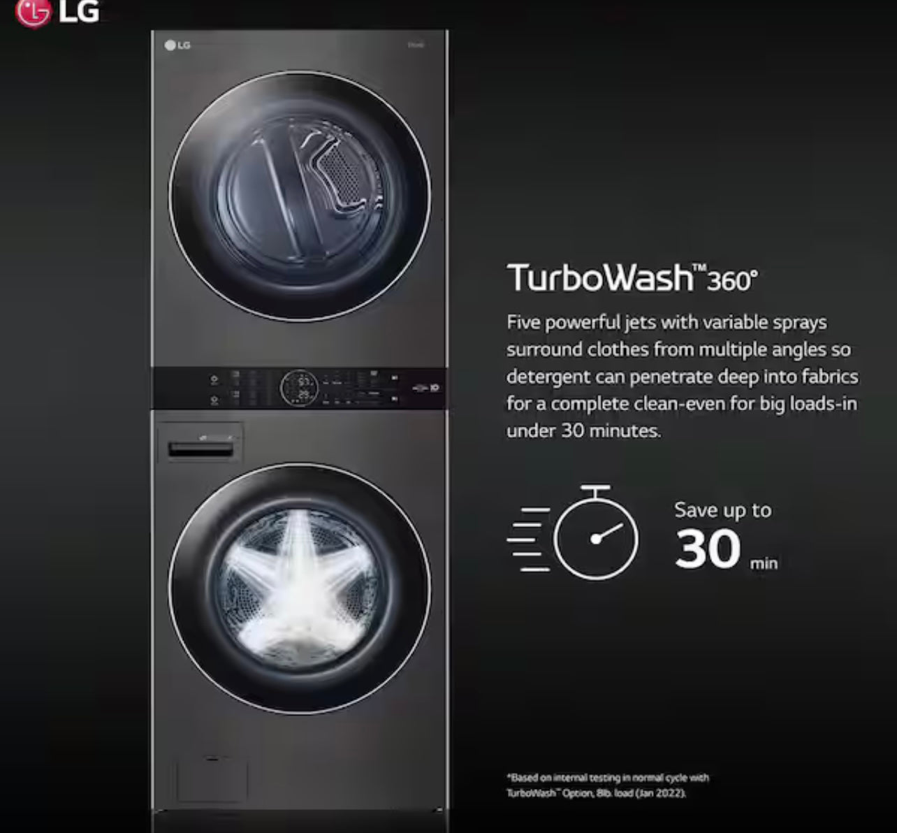 LG WashTower Stacked SMART Laundry Center 4.5 Cu.Ft. Front Load Washer & 7.4 Cu.Ft. Electric Dryer in Black Steel w/ Steam - Used