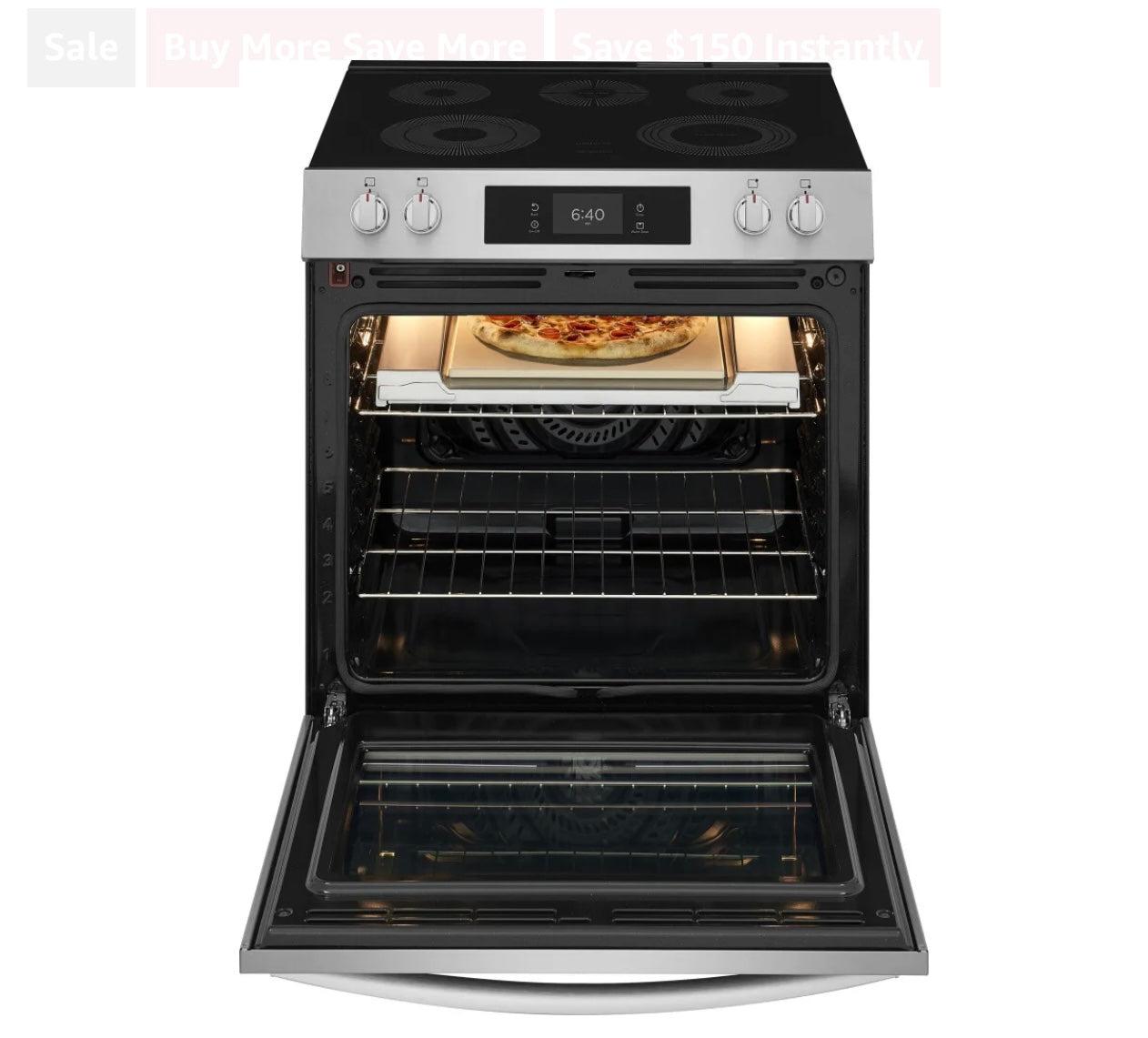 Frigidaire Gallery Series GCFE3070BF
30 Inch Freestanding Electric Range with 5 Elements, 6.2 cu. ft. Total Convection Oven, EvenTemp™ Element, Storage Drawer, Stone-Baked Pizza, Air Fry, Self & Steam Clean, and Star-K