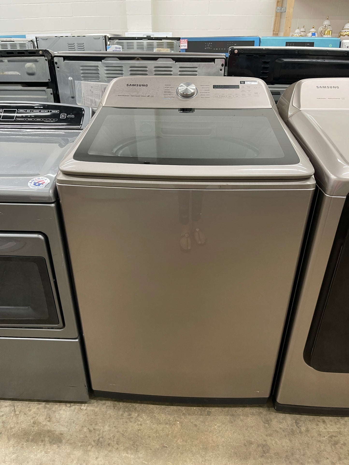 5.4 cu. ft. Top Load Washer with Super Speed in Champagne Model: WA54R7600AC/US and Samsung - 7.4 Cu. Ft. Smart Electric Dryer with Steam and Super Speed Dry - Champagne Model: DVE54R7600C/A3