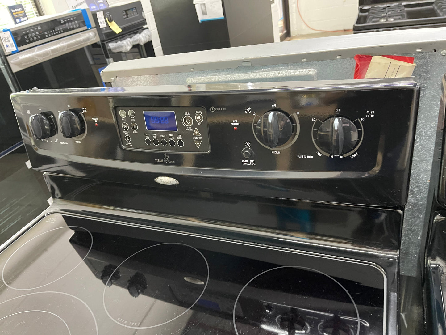 Whirlpool WFE381LVB
30 Inch Freestanding Electric Range with 4 Radiant Burners, Ceramic Glass Cooktop, 5.3 cu. ft. Capacity Oven, Rapid Boil Element, TimeSavor Convection Cooking and Storage Drawer: Black