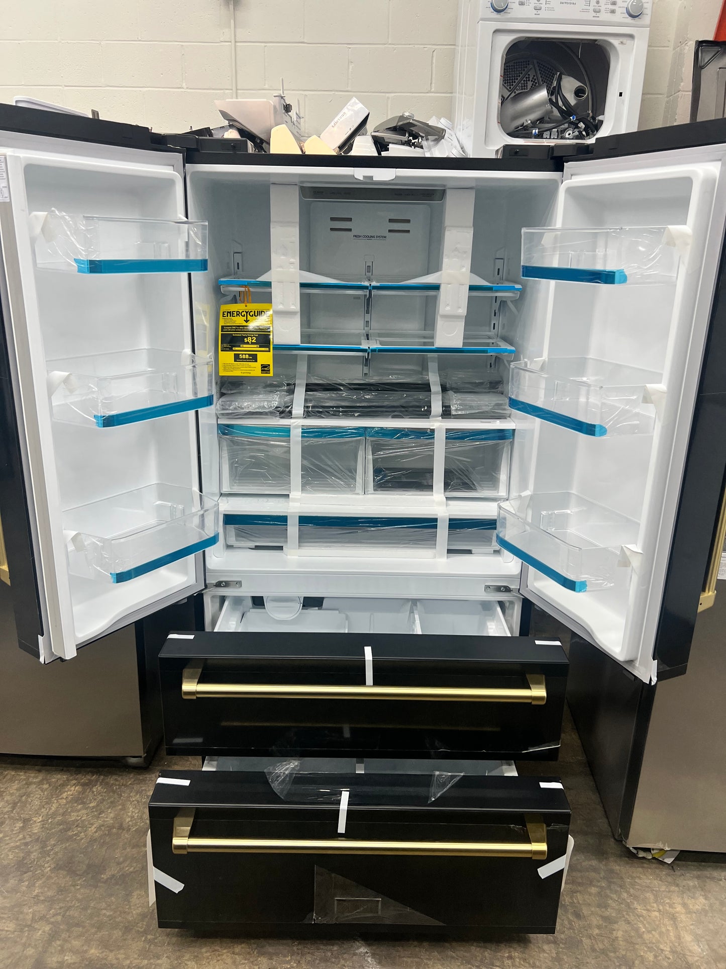 ZLINE KITCHEN & BATH Counter-Depth Autograph Edition 22.5-cu ft 4 -Door French Door Refrigerator with Ice Maker with Ice Dispenser ( Fingerprint Resistant Black Stainless Steel with Champagne Bronze accent Handles)-Model #RFM-36-BS-CB