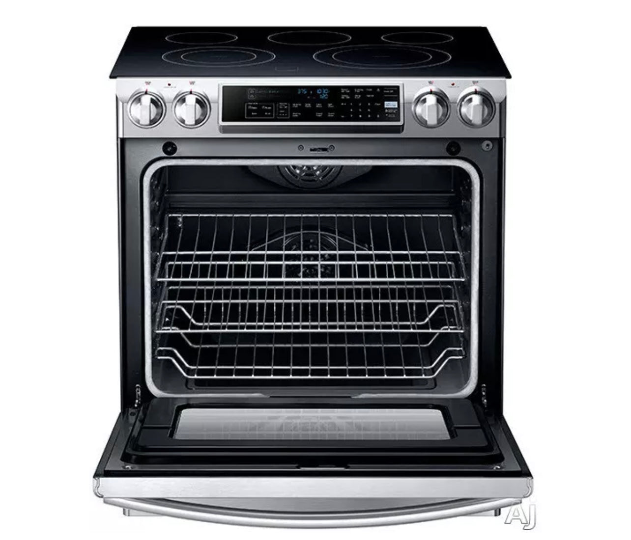Samsung NE58F9500SS
30 Inch Slide-In Electric Range with 5 Radiant Elements, 5.8 cu. ft. Oven Capacity, Dual Convection Cooking, Self Clean with Steam and Temperature Probe