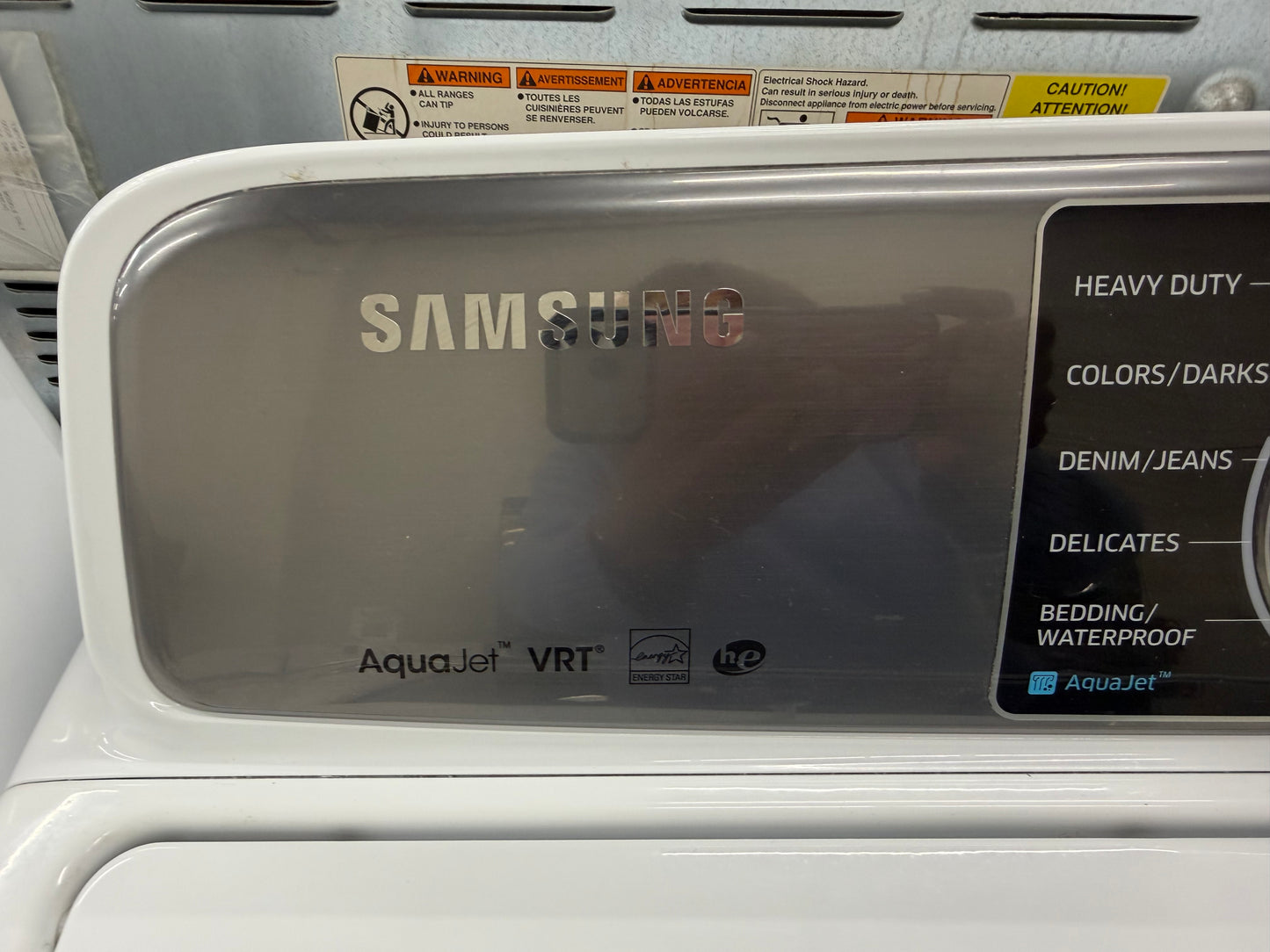Samsung  WA48H7400AW
27 Inch 4.8 cu. ft. Top Load Washer with 11 Wash Cycles, 1,100 RPM, AquaJet Cleaning Technology, Vibration Reduction Technology, Smart Care, Self Clean and ENERGY STAR Certification: White