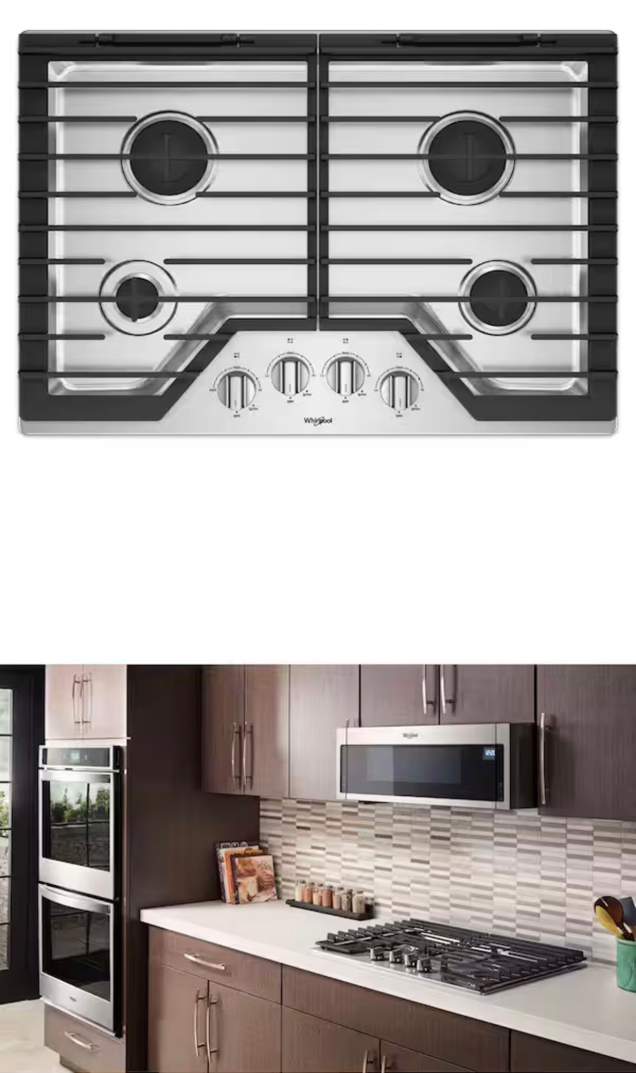 Whirlpool  WCG55US0HS
30 Inch Gas Cooktop with 4 Sealed Burners, EZ-2-Lift Hinged Grates, SpeedHeat Burner, AccuSimmer Burner, Upswept SpillGuard Cooktop, and Dishwasher-Safe Knobs: Stainless Steel