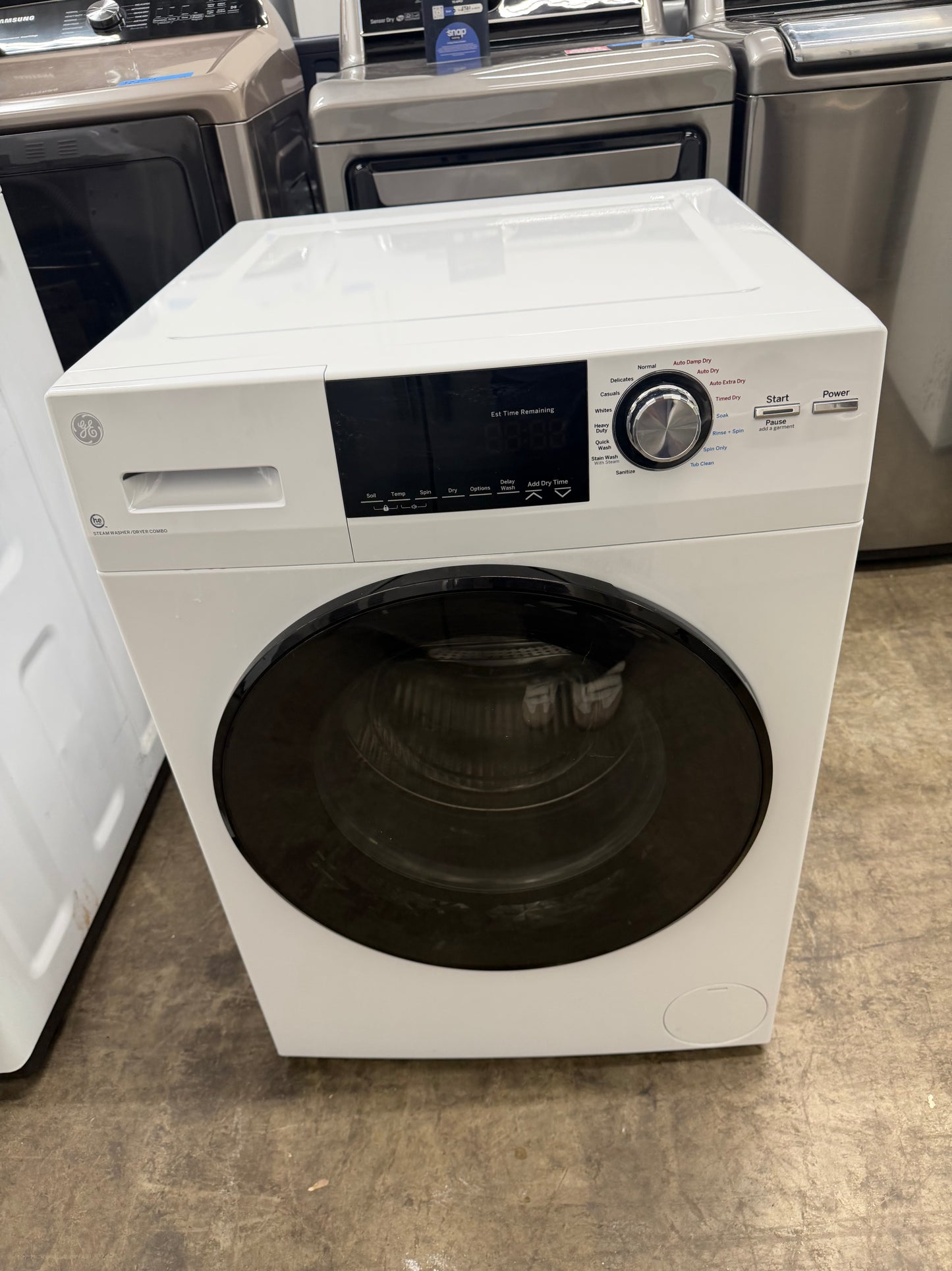 GE  GFQ14ESSNWW
24 Inch Front Load Electric Washer/Dryer Combo with 2.4 cu. ft Capacity, 14 Cycle Options, 5 Heat Selections, 1,450 RPM Spin Speed, NSF Sanitize, Timed Dry, Steam, 24 Hour Delay Start and Optional Wi-Fi Connect