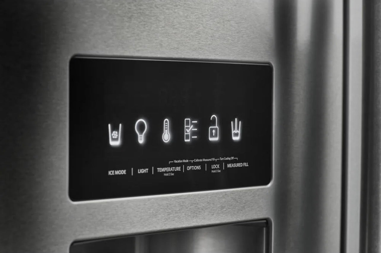 KitchenAid  KRFF507HPS
36 Inch Freestanding French Door Refrigerator with 26.8 cu. ft. Total Capacity, PrintShield Finish, ExtendFresh Temperature Management System, External Ice/Water Dispenser, Water Filtered, Star-K Certified, and ENERGY STAR : Stain