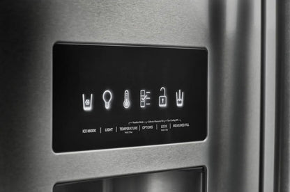 KitchenAid  KRFF507HPS
36 Inch Freestanding French Door Refrigerator with 26.8 cu. ft. Total Capacity, PrintShield Finish, ExtendFresh Temperature Management System, External Ice/Water Dispenser, Water Filtered, Star-K Certified, and ENERGY STAR : Stain