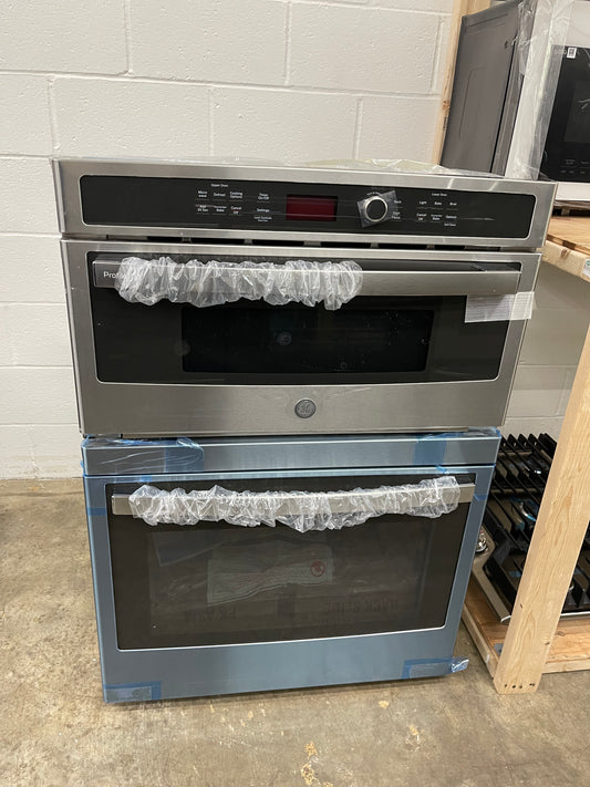 GE Profile  PT7800SHSS
30 Inch Combination Wall Oven with True European Convection, Meat Probe, Proof Mode, Warm Mode, 5.0 cu. ft. Capacity, 1.7 cu. ft. Microwave, Glass Touch Controls, GE Fits! Guarantee, and Self-Clean with Steam: Stainless Stee