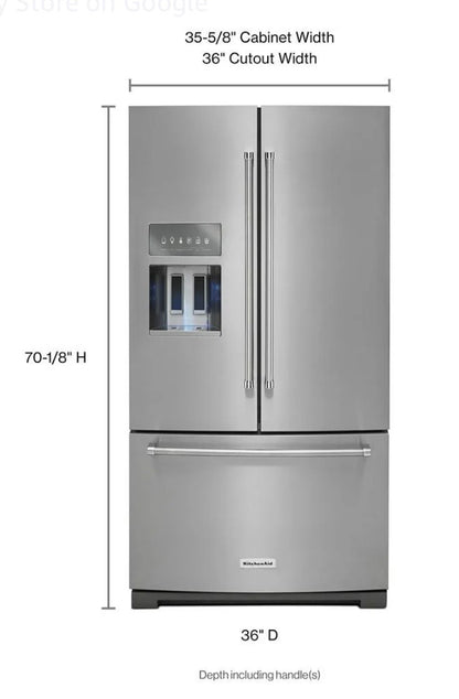 KitchenAid  KRFF507HPS
36 Inch Freestanding French Door Refrigerator with 26.8 cu. ft. Total Capacity, PrintShield Finish, ExtendFresh Temperature Management System, External Ice/Water Dispenser, Water Filtered, Star-K Certified, and ENERGY STAR : Stain