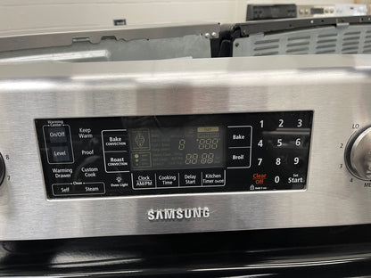Samsung  FTQ387LWGX
30 Inch Freestanding Electric Range with 5 Cooktop Elements, 5.9 cu. ft. Convention Oven, Steam and Self Clean, Warming Drawer and Sabbath Mode