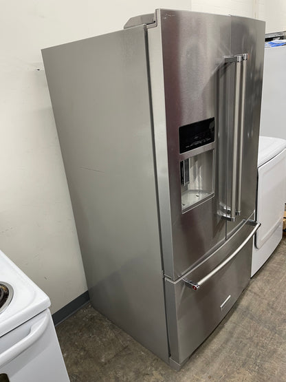 KitchenAid  KRFF507HPS
36 Inch Freestanding French Door Refrigerator with 26.8 cu. ft. Total Capacity, PrintShield Finish, ExtendFresh Temperature Management System, External Ice/Water Dispenser, Water Filtered, Star-K Certified, and ENERGY STAR : Stain