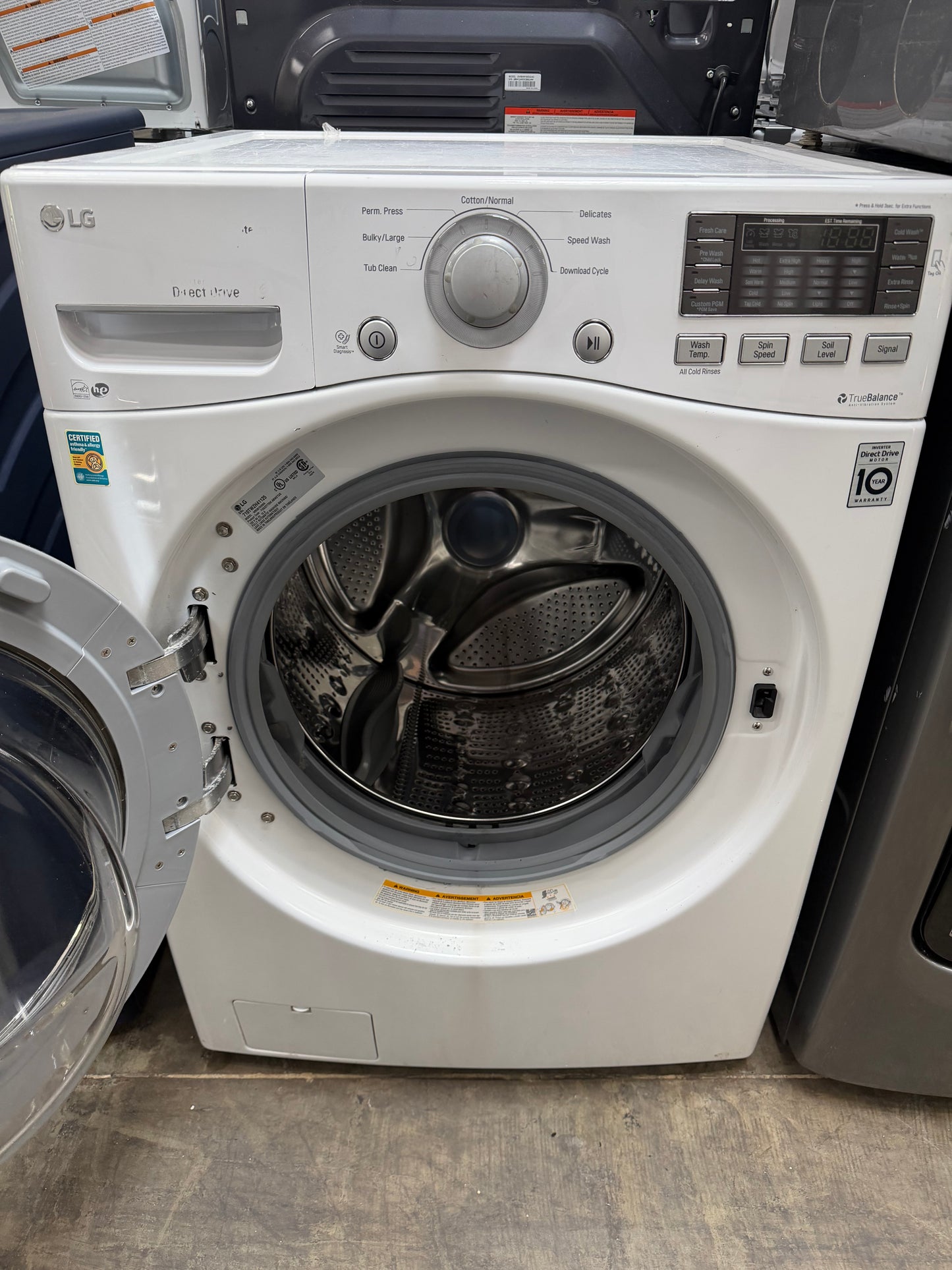 LG  WM3670HWA
27 Inch 4.5 cu. ft. Front Load Washer with Steam, Smart ThinQ (Wi-Fi), NFC Tag-On Technology, Sanitary Cycle, 12 Wash Cycles, Allergen Cycle, NeveRust Stainless Steel Drum, 4-Tray Dispenser and ENERGY STAR : White