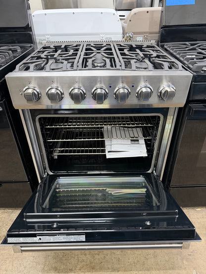 Viking 3 Series  RVDR33025BSSLP
30 Inch Freestanding Dual Fuel Range with 5 Sealed Burners, 4.7 Cu. Ft. Capacity, Continuous Grates, Self-Clean, TruConvection Cooking, Vari-Speed Dual Flow Convection, SureSpark Ignition System and TruGlide Oven