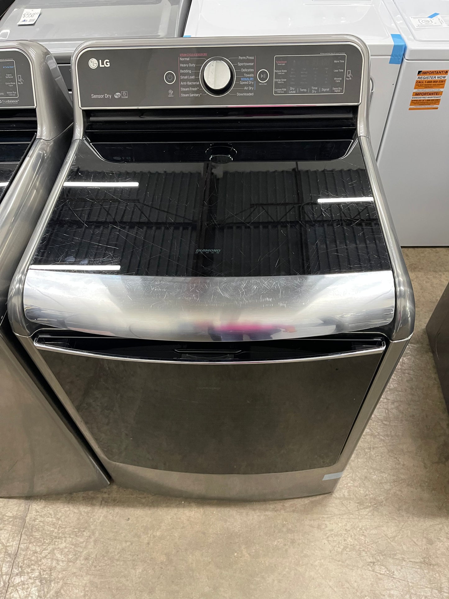 LG TurboWash Series  WT7700HVA
29 Inch 5.7 cu. ft. Top Load Washer with 14 Wash Cycles and LG SteamDryer Series  DLEX7700VE
29 Inch 9.0 cu. ft. Electric Dryer with 14 Drying Cycles