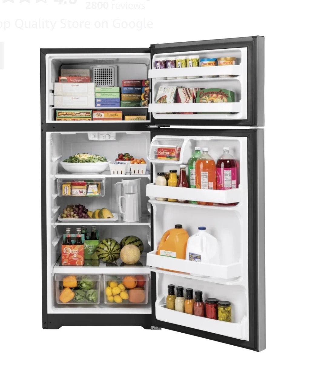 GE  GTS18HYNRFS
28 Inch Top Freezer Refrigerator with 17.5 Cu. Ft. Capacity, Edge-To-Edge Glass Shelves, Sliding Deli Drawer, Gallon Door Bin, Dairy Compartment, LED Lighting, Upfront Temperature Controls, Sabbath Mode, Frost Free, and Icemaker-Ready