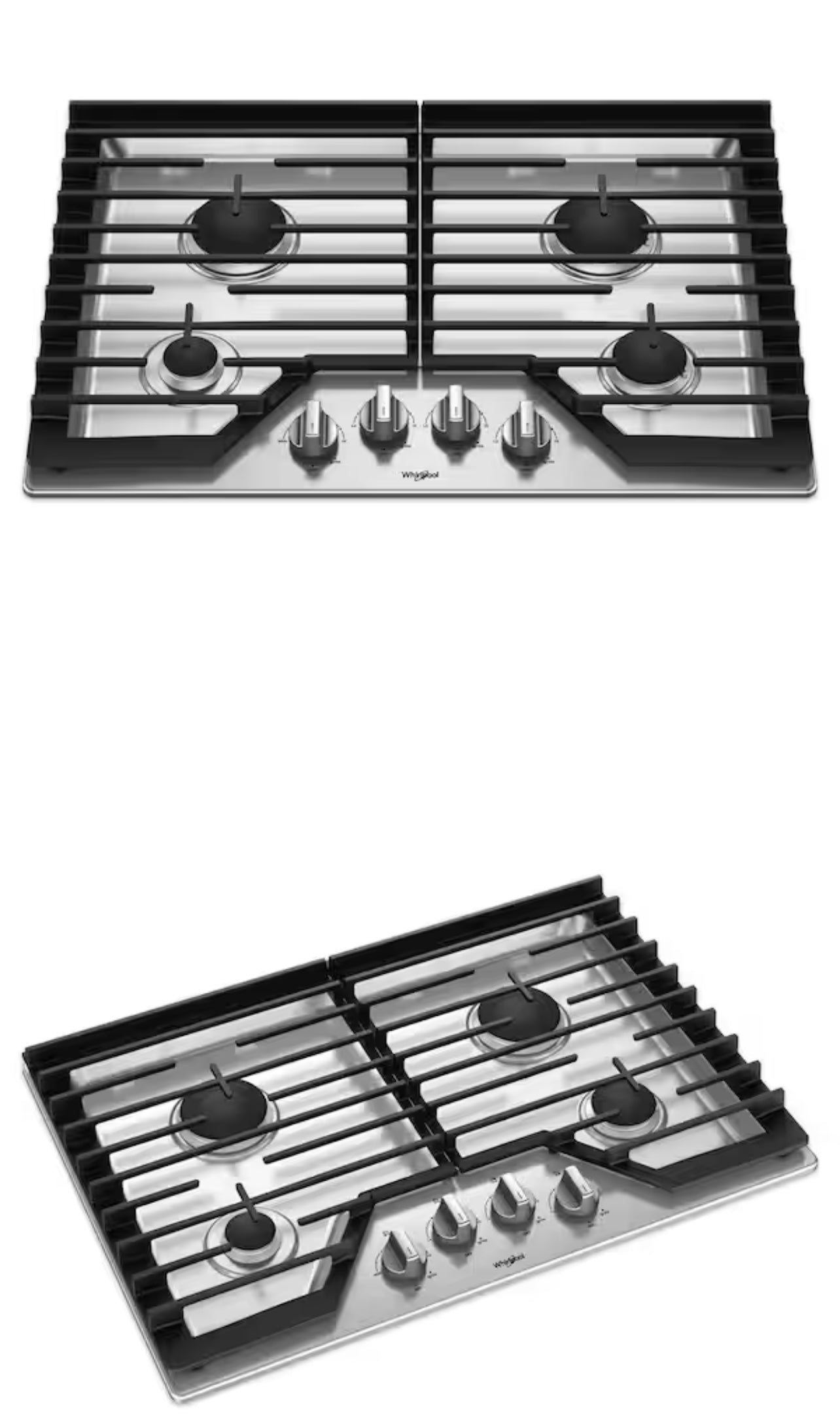 Whirlpool  WCG55US0HS
30 Inch Gas Cooktop with 4 Sealed Burners, EZ-2-Lift Hinged Grates, SpeedHeat Burner, AccuSimmer Burner, Upswept SpillGuard Cooktop, and Dishwasher-Safe Knobs: Stainless Steel
