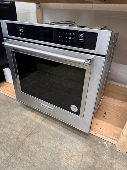 KitchenAid  KOES530PSS
30 Inch Single Electric Wall Oven with 5 Cu. Ft. Capacity, Air Fry Mode, Even-Heat True Convection, EasyConvect Conversion System, Even-Heat Preheat, Integrated Meat Thermometer, Self-Close Doors, Self-Cleaning Cycle, Sabbath Mod