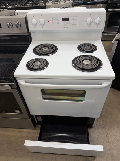 Hotpoint  RBS360DMWW
30 Inch Freestanding Electric Range with 5.0 Cu. Ft. Oven Capacity, Storage Drawer, Cooktop Indicator Light, Sensi-Temp, and Porcelain Cooktop: White