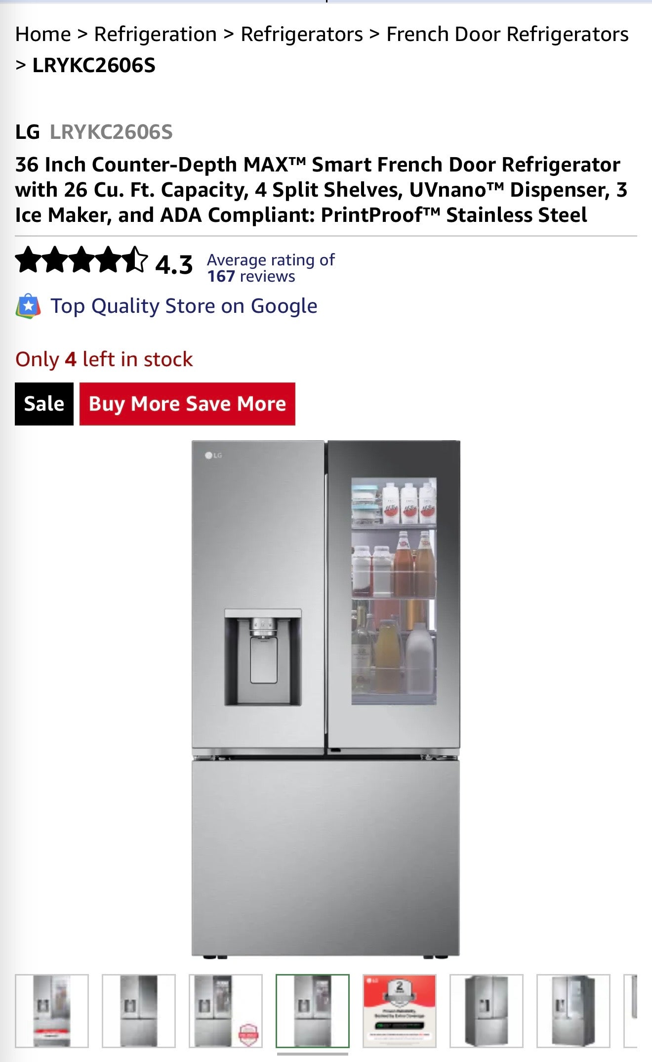 LG  LRYKC2606S
36 Inch Counter-Depth MAX Smart French Door Refrigerator with 26 Cu. Ft. Capacity