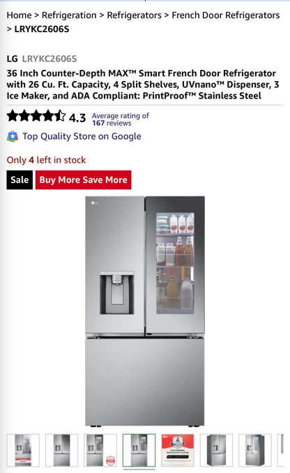 LG  LRYKC2606S
36 Inch Counter-Depth MAX Smart French Door Refrigerator with 26 Cu. Ft. Capacity