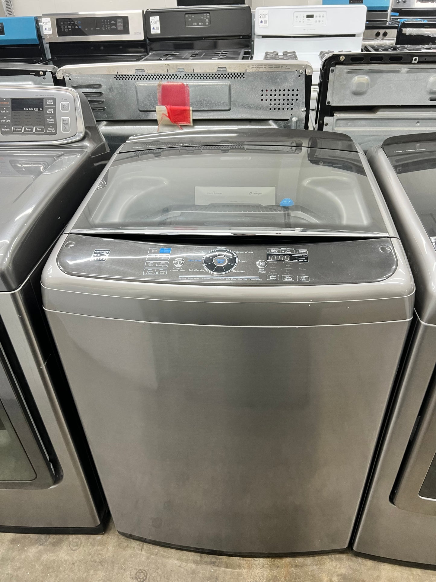 Kenmore Elite Top-Load 5.2 Cu. Ft. Washer and 7.3 Cu. Ft. Electric Dryer Set in Metallic Silver