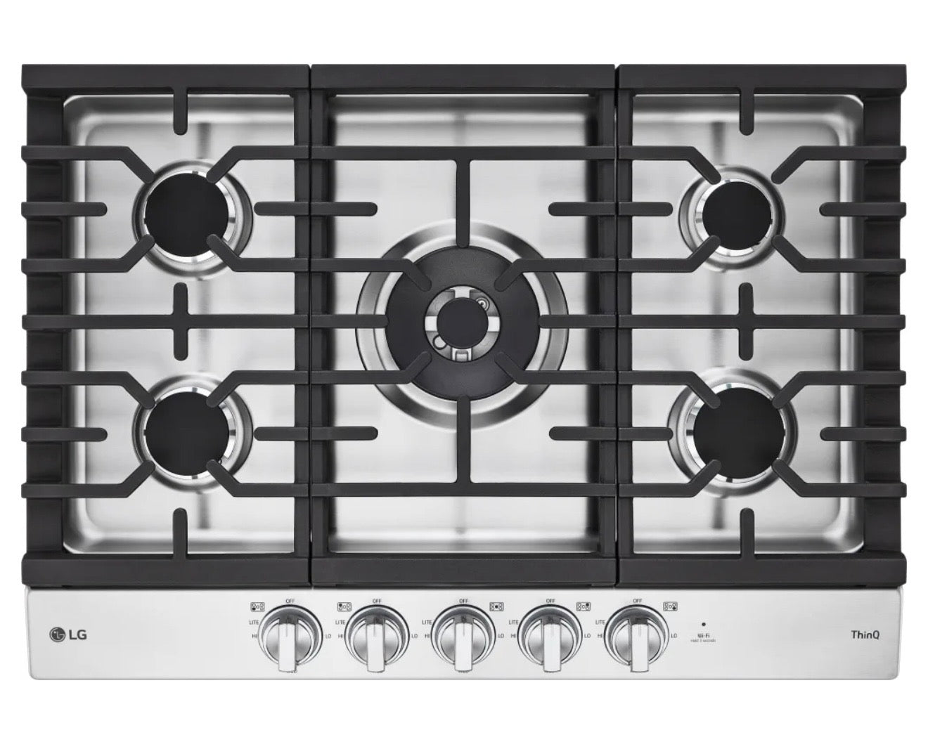 LG  CBGJ3027S
30 Inch Gas Smart Cooktop with 5 Sealed Burners, 22K Ultraheat Dual Burner, Cast Iron Griddle, EasyClean® Cooktop, ThinQ Technology and LED Knobs
