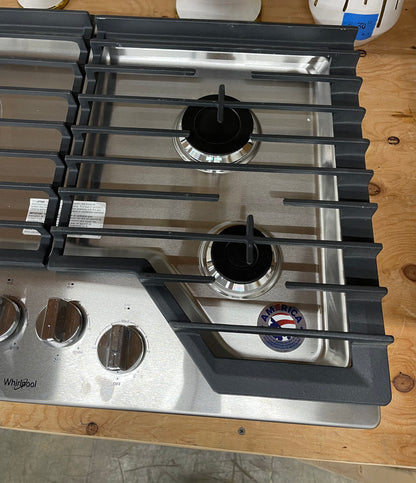Whirlpool  WCG55US0HS
30 Inch Gas Cooktop with 4 Sealed Burners, EZ-2-Lift Hinged Grates, SpeedHeat Burner, AccuSimmer Burner, Upswept SpillGuard Cooktop, and Dishwasher-Safe Knobs: Stainless Steel