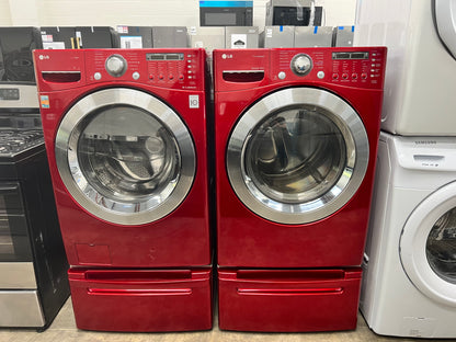 LG Front-Load 3.9 Cu. Ft. Washer and 7.4 Cu. Ft. Electric Dryer Set in Wild Cherry Red with Pedestals
