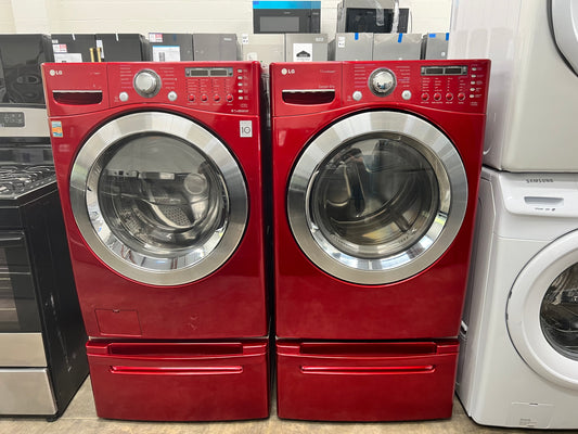 LG Front-Load 3.9 Cu. Ft. Washer and 7.4 Cu. Ft. Electric Dryer Set in Wild Cherry Red with Pedestals