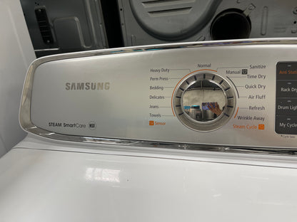 Samsung  DV50F9A6EVW
27 Inch Electric Dryer with 7.4 cu. ft. Capacity, 13 Drying Cycles, Dryer Rack, Smart Care, LED Controls, Stainless Steel Drum, Reversible Door, Wrinkle Away and Steam