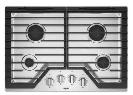 Whirlpool  WCG55US0HS
30 Inch Gas Cooktop with 4 Sealed Burners, EZ-2-Lift Hinged Grates, SpeedHeat Burner, AccuSimmer Burner, Upswept SpillGuard Cooktop, and Dishwasher-Safe Knobs: Stainless Steel