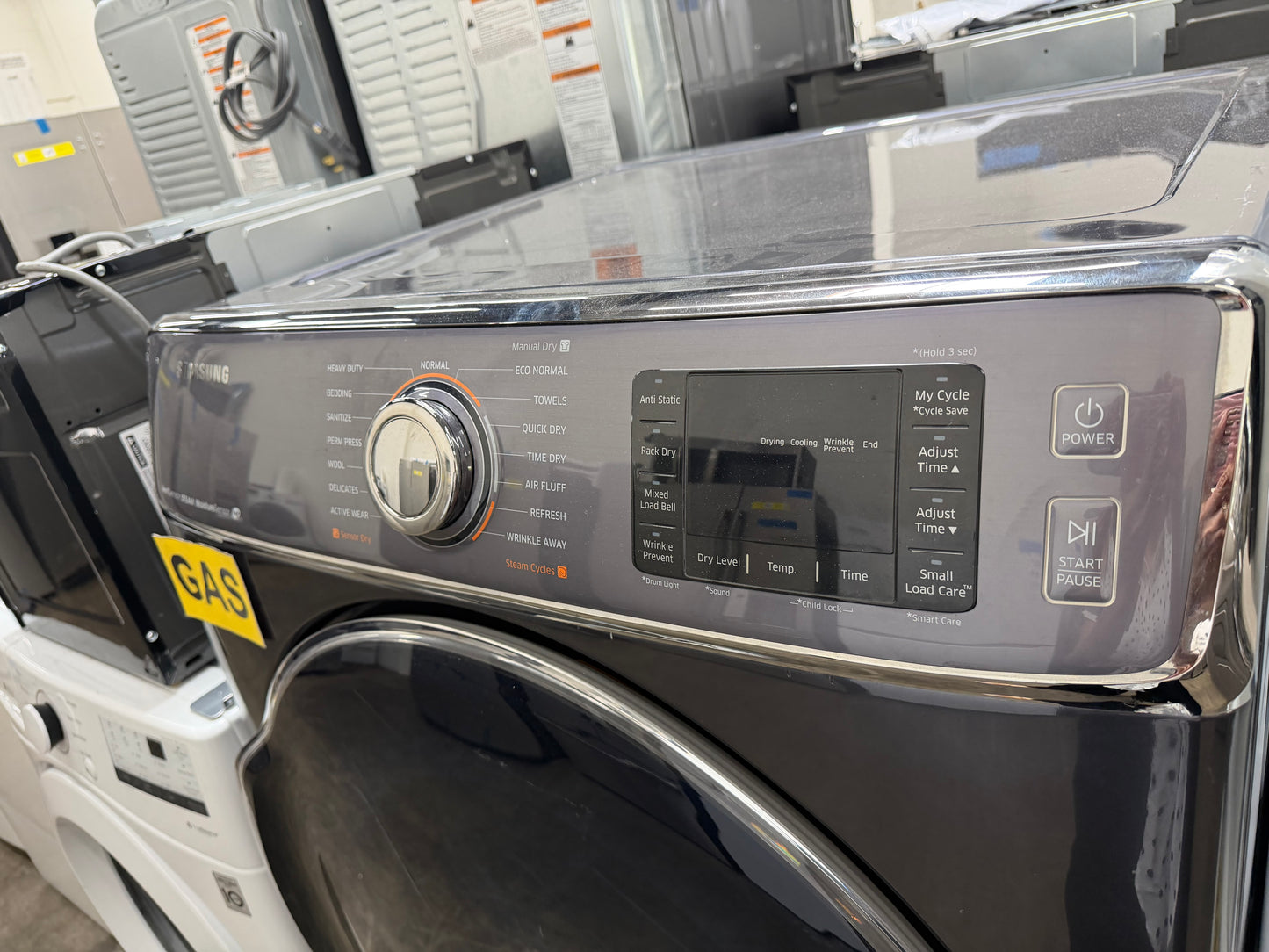 Samsung  DV56H9100GG
30 Inch 9.5 cu. ft. Gas Dryer with 15 Dry Cycles, 5 Temperature Settings, Steam, Vent Sensor, Sanitize Cycle, Wrinkle Prevent, Smart Care, Dryer Rack, My Cycle and Sensor Dry Moisture Sensor: Onyx
