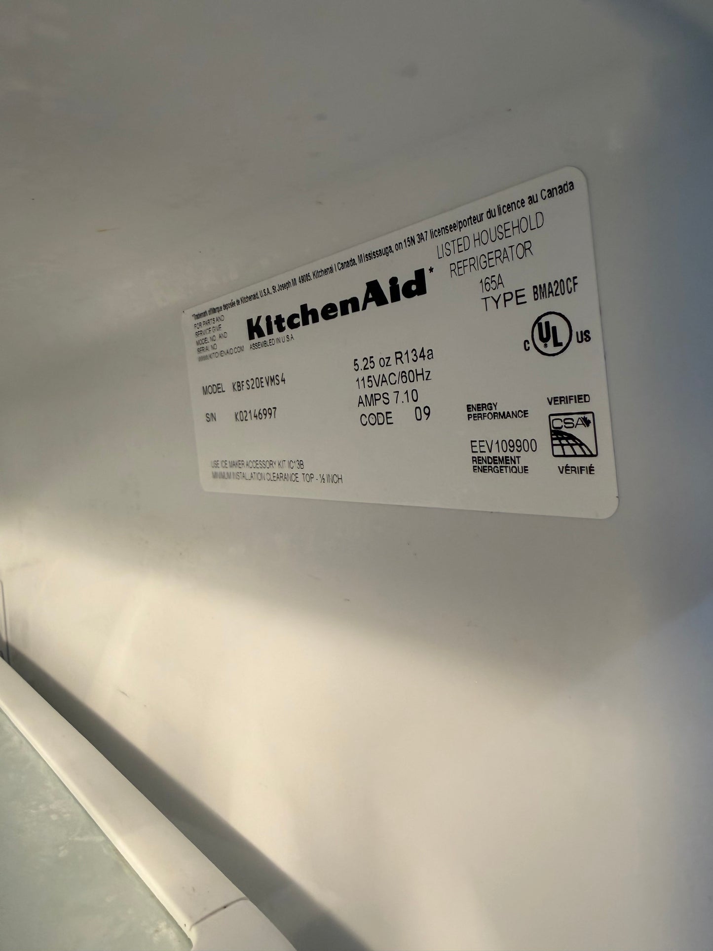 KitchenAid 20 Cu. Ft. Bottom Freezer Refrigerator – Stainless Steel
Model: KBFS20EVMS4