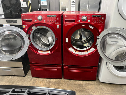 LG Front-Load 3.9 Cu. Ft. Washer and 7.4 Cu. Ft. Electric Dryer Set in Wild Cherry Red with Pedestals