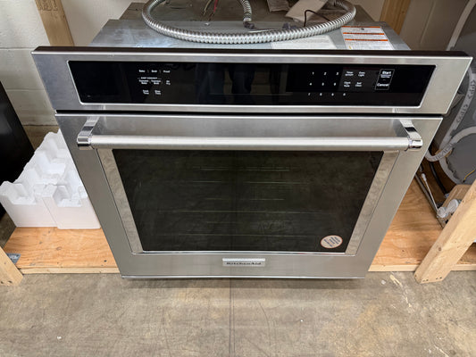 KitchenAid  KOES530PSS
30 Inch Single Electric Wall Oven with 5 Cu. Ft. Capacity, Air Fry Mode, Even-Heat True Convection, EasyConvect Conversion System, Even-Heat Preheat, Integrated Meat Thermometer, Self-Close Doors, Self-Cleaning Cycle, Sabbath Mod