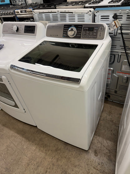 Samsung  WA48H7400AW
27 Inch 4.8 cu. ft. Top Load Washer with 11 Wash Cycles, 1,100 RPM, AquaJet Cleaning Technology, Vibration Reduction Technology, Smart Care, Self Clean and ENERGY STAR Certification: White