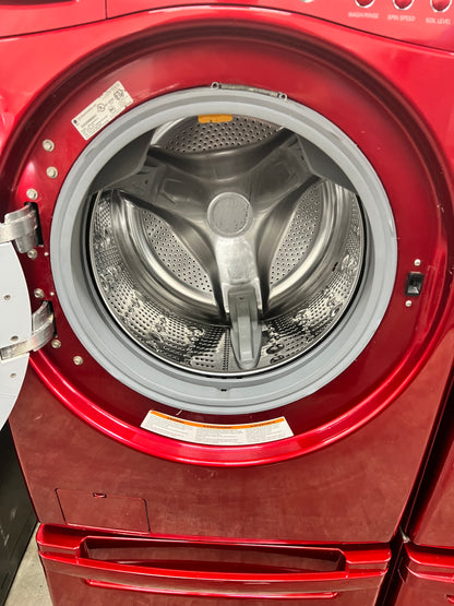 LG Front-Load 3.9 Cu. Ft. Washer and 7.4 Cu. Ft. Electric Dryer Set in Wild Cherry Red with Pedestals