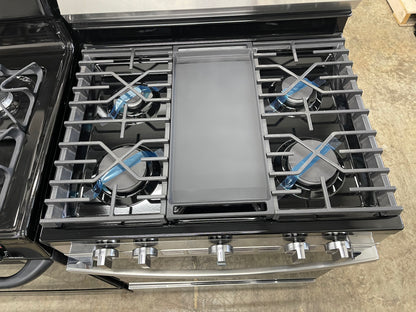 GE  GGF600AVSS
30 Inch Freestanding Gas Smart Range with 5 Sealed Burners, 5.3 cu. ft. Convection Oven, Power Boil Burner, Griddle, Storage Drawer, WiFi, Enhanced Shabbos Mode Built In, and Steam Clean: Stainless Steel