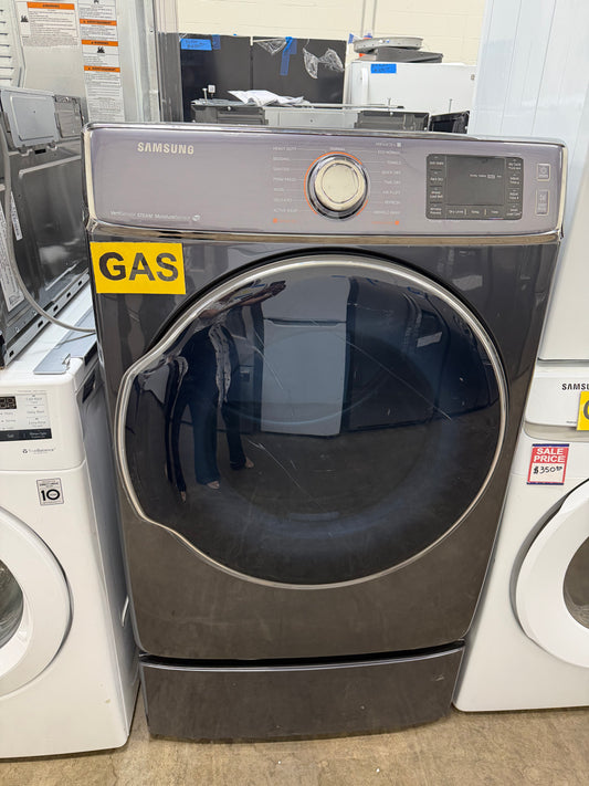 Samsung  DV56H9100GG
30 Inch 9.5 cu. ft. Gas Dryer with 15 Dry Cycles, 5 Temperature Settings, Steam, Vent Sensor, Sanitize Cycle, Wrinkle Prevent, Smart Care, Dryer Rack, My Cycle and Sensor Dry Moisture Sensor: Onyx